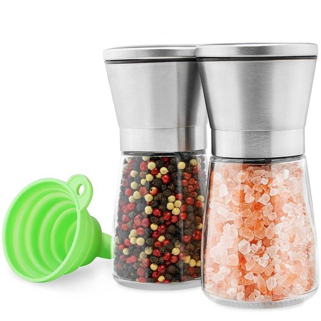 M JINGMEI Stainless Steel Salt and Pepper Grinder Set of 2 - Pepper Mill & Salt Mill with Adjustable Coarseness - Glass Spice Shakers - Easy Clean Ceramic Grinders W/Funnel