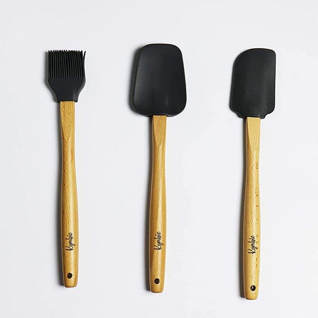 Kymbie 3 piece Wooden handle and Silicone Spatula, Pastry, BBQ Brush Set (Peppercorn (Black))