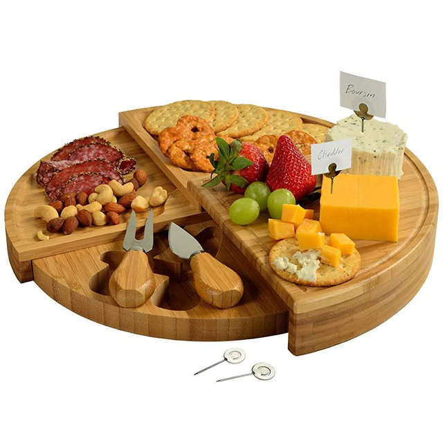 Picnic at Ascot Patented Bamboo Cheese/Charcuterie Board with Knives & Cheese Markers- Stores as a Compact Wedge- Opens to 13" Diameter- Designed & Quality Checked in USA