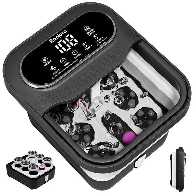 Ranjova Collapsible Foot Spa Electric Rotary Massage, Foot Bath with Heat, Bubble,Temp Control, and 24 Motorized Shiatsu Massage Balls, Pedicure Foot Spa Tub for Stress Relief (Black)