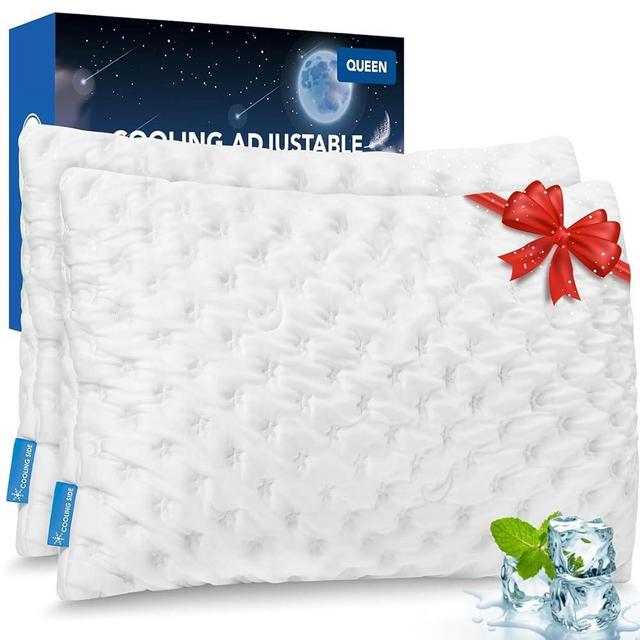 KUCEY Cooling Side Sleeper Pillow for Neck and Shoulder Pain, Luxury Shredded Memory Foam Curved Bed Pillows for Sleeping Set of 2- Adjustable Queen Size- Washable Cover Original White