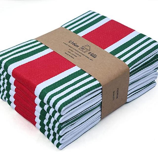 Urban Villa Kitchen Towels Trendy Stripes Red/Green/White Set of 6 Dish Towels for Kitchen Highly Absorbent 100%Cotton OverSized 20X30 Inches Kitchen Towels With Mitered Corner Kitchen Hand Tea Towels