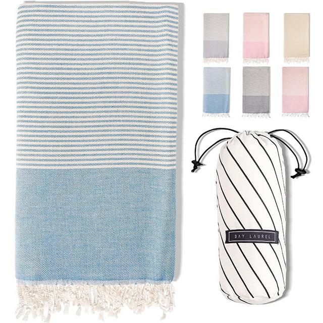 BAY LAUREL Turkish Beach Towel with Cotton Bag, Sand Free Quick Dry Lightweight Oversized Extra Large Travel Yoga Camping Backpacking Towel, Cute Sandless Thin Adult Outdoor Towel (Blue)