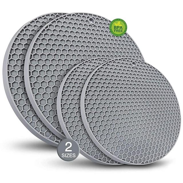 Silicone Trivet Mats - Walfos Heat Resistant Pot Holders Set, 4pcs 2 Sizes 7 Inch & 9 Inch, Multipurpose Non-Slip Hot Pads for Hot Pot, Hot Dishers, Jar Opener, Food Grade & BPA Free (Nordic Grey)