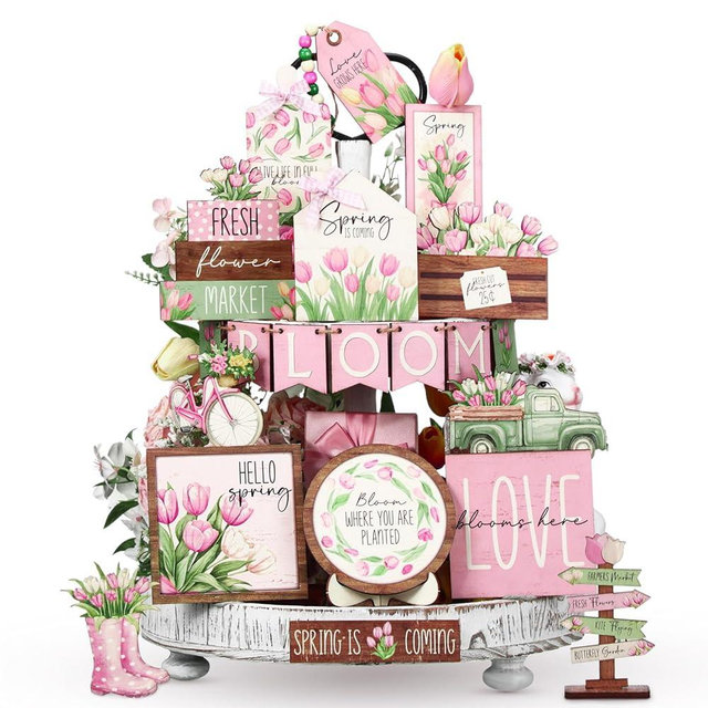 Bucherry 21 Pcs Spring Flower Tiered Tray Decor Set Farmhouse Tulip Floral Wooden Sign Rustic Spring Table Centerpieces Tulips Tiered Tray Decorations for Home Shelf Tabletop Kitchen