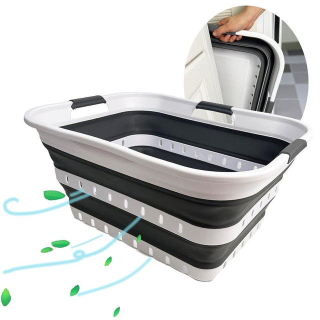 SAMMART Collapsible Plastic Rectangular Laundry Basket - Foldable Pop Up Storage Container/Organizer - Portable Laundry Hamper - Space Saving (White/Steel Grey, 42L)