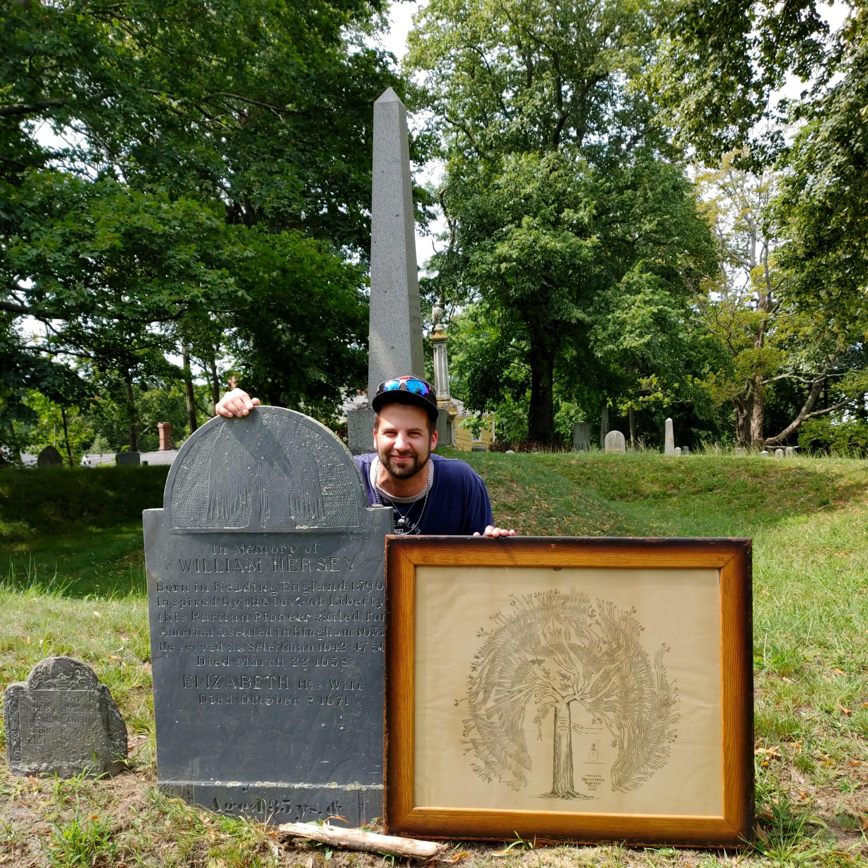 Aug. 28, 2021 - Having obtained the family tree at 11 am, we traveled to Hingham, MA to the memorial stone of Shawn's paternal ancestor who sailed there in 1635 (and makes up the trunk on the tree).