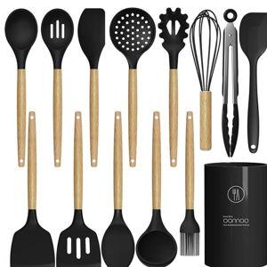 Silicone Cooking Utensils Set Utensil Sets - 446°F Heat Resistant Silicone Kitchen Utensils Set Wooden Handles, Silicone Utensils for Cooking w Holder for Non-Stick Cookware BPA FREE (Black)