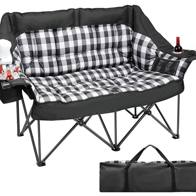 Suteck Double Camping Chair, Oversized Padded Camping Couch w/Independent Seats, 1200D Oxford Folding Camping Loveseat w/2 Cup & Wine Glass Holders, Cooler Bags & Side Pocket for Camping, Lawn, Patio