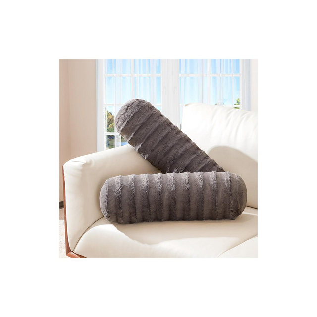 Cheer Collection Decorative Faux Fur Bolster Pillows Set of 2 - Gray