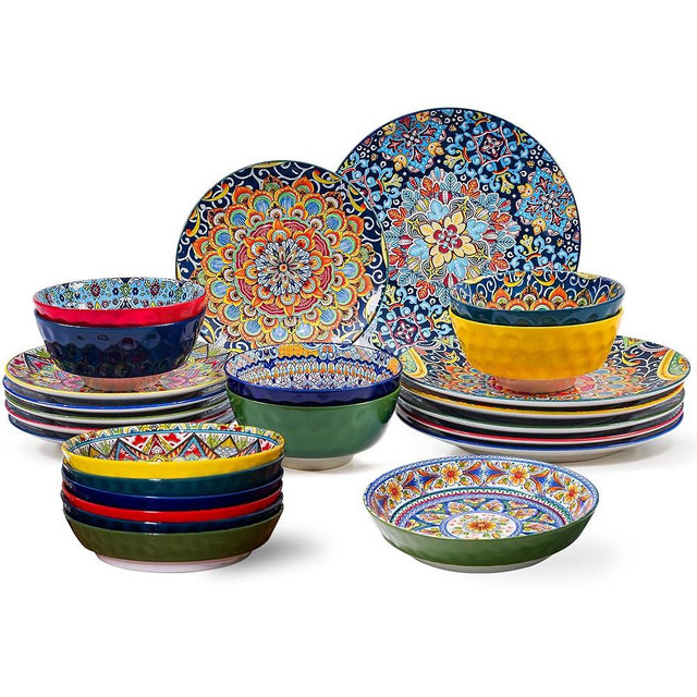 Romatlink 24 Pieces Dinnerware Sets, Ceramic Plates and Bowls Set, Microwave and Dishwasher Safe, Scratch Resistant, Bohemian Style Dishware Set, Service for 6