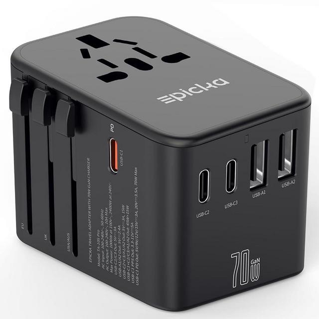 EPICKA Universal Travel Adapter, GaN International Plug Adapter with 3 USB-C 70W PD Fast Charging & 2 USB-A Adaptor All-in-one Wall Charger for USA EU UK AUS (TA-105 Pro, Black)