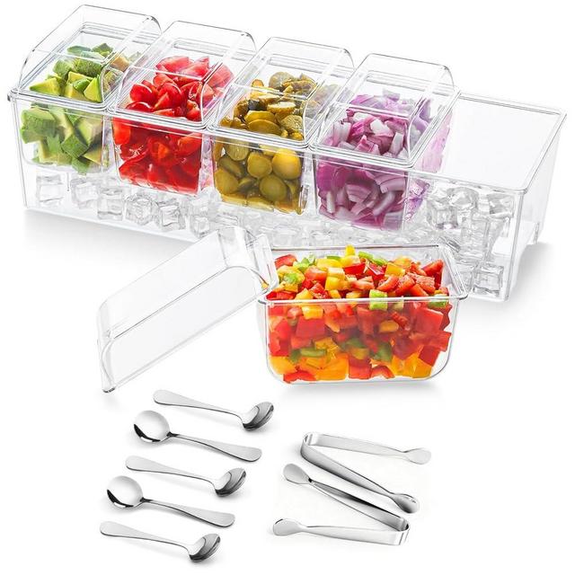 Lifewit Ice Chilled Condiment Caddy with 5x20oz(2.5 cup) Containers, Condiment Server for Party with Lids & Metal Accessories, Serving Tray Platter with Removable Dishes for Bar, Fruit, Salad, Taco