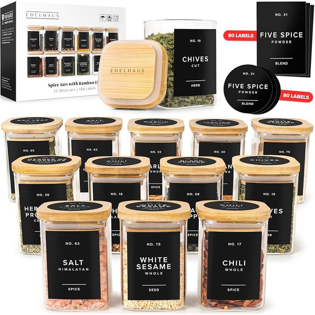 EDELHAUS Glass Spice Jars with Label and Bamboo Lids (12 x 6.4oz) Spice Containers with 160 Spice Labels Black, Empty Square Seasoning Organizer for Spice Rack, Cabinet, Drawer