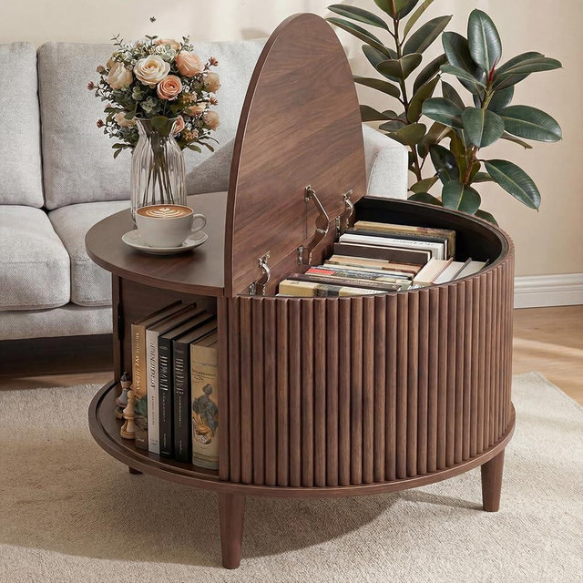 DUMOS Coffee Table, Round Coffee Tables with Storage, Fluted Center Table for Living Room, 31.69" Mid Century Modern Table with Sliding Cabinet Door, 2-Tier Rustic Wood Desktop, Brown