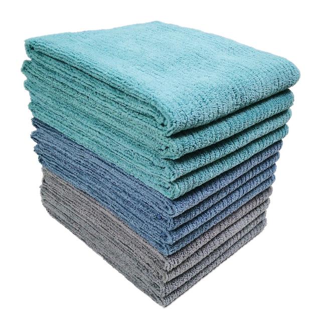 Polyte Premium Microfiber All-Purpose Ribbed Terry Kitchen Towel (Blue, Gray, Teal, 16x28 in - 12 Pack)
