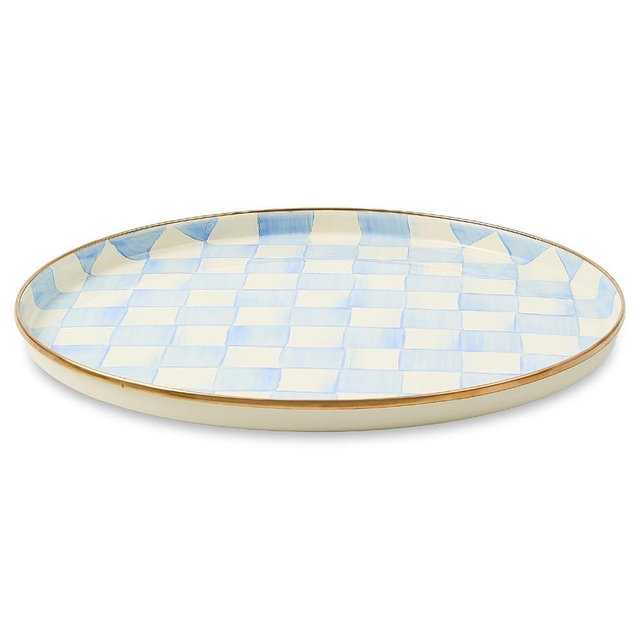 MACKENZIE-CHILDS Enamel Round Tray, Decorative Serving Platter for Food and Drinks, Light-Blue-and-White Sky Check