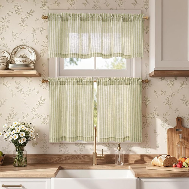 JINCHAN Kitchen Curtains and Valances Set Striped Tier Curtains Ticking Stripe Linen Curtains Pinstripe Cafe Curtains 24 Inch Living Room Bathroom Farmhouse 3 Pieces Set Rod Pocket Sage Green on Beige