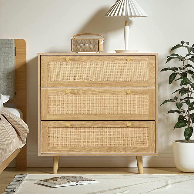 Anmytek Dresser for Bedroom with 3 Drawers, Modern Wood 3 Drawer Dresser, Rustic Oak Chest of Drawer with Spacious Storage Rattan Dresser for Bedroom Living Room H0027
