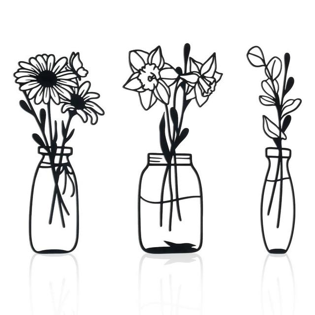 Zzbakress 3 Piece Metal Flowers and Vases Wall Decoration Minimalist Art Wall Sculpture Daffodils Chrysanthemum Eucalyptus Leaf Iron Decorative Floral for Living Room or Kitchen (Style 1, Black)