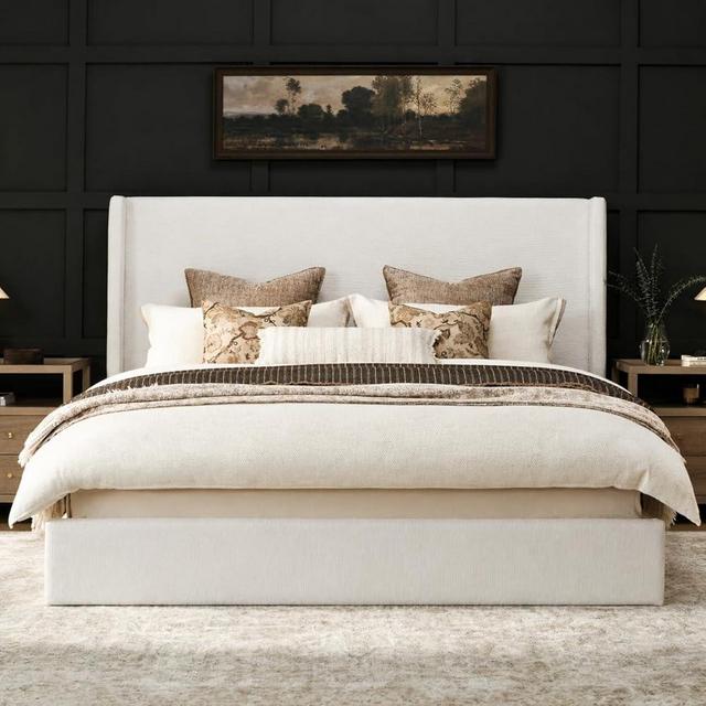 RECCI King Size Bed Frame with 53" Extra Tall Wingback Headboard, Luxury Upholstered Platform Bed Frame, Heavy Duty Support, Noise-Free, Easy Assembly, No Box Spring Needed, Ivory White Canvas