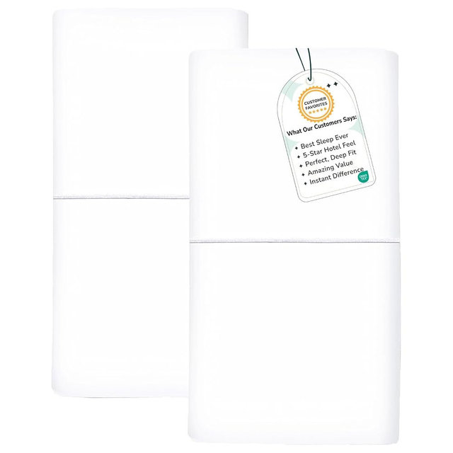 Feather & Stitch 100% Cotton Standard Pillow Covers Set of 2, 500TC Envelope Closure Pillowcases, Soft Luxury Damask Stripe Sateen Weave Pillow Case for Sleeping, 20x30 Inches - White