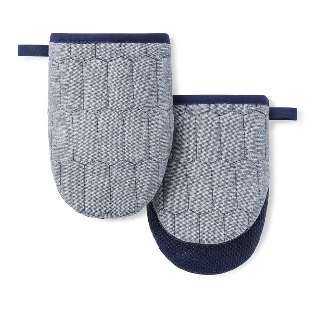 MARTHA STEWART Honeycomb Quilted Chambray Mini Oven Mitt 2-Pack Set, 100% Cotton, Flexible Non-Slip Silicone Grip, Heat Resistant, Navy Blue, 5.5"X8"