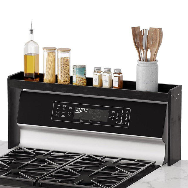 SpaceAid Bamboo Over the Stove Spice Holder Shelf, 31.5" Kitchen Organizer Stove Spice Top Rack, 11.6" Height Countertop Storage, Over Oven Back Sink Organization Shelf, Black