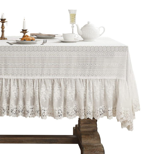 patdrea Vintage White Lace Tablecloth,Design Embroidered Cotton Ruffle Table Cloth for Rectangle Table,Elegant Rustic Fabric Decorations for Wedding Party Thanksgiving Christmas 63"*79"