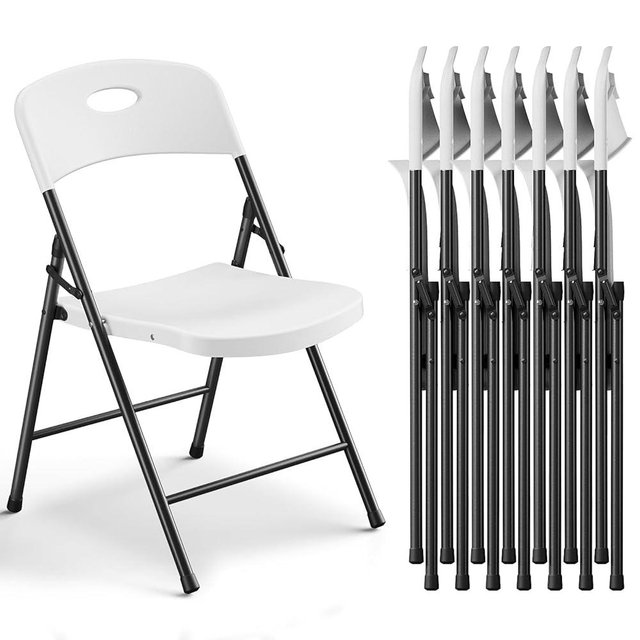Folding Chairs 8 Pack, Outdoor Plastic Sturdy Metal Folding Chairs for Outside Indoor, Portable 350 lbs Capacity Heavy Duty Foldable Commercial Seating for Picnic, Party, Patio, Office, White