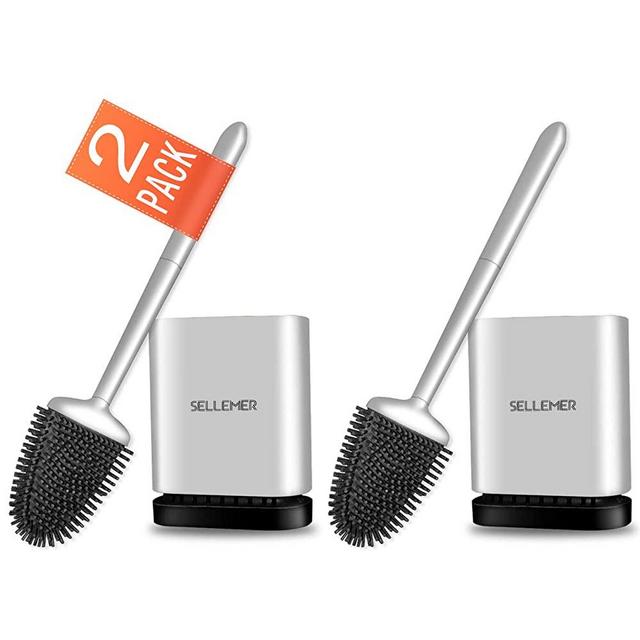 Sellemer Toilet Brush and Holder 2 Pack for Bathroom, Flexible Toilet Bowl Brush Head with Silicone Bristles, Compact Size for Storage and Organization, Ventilation Slots Base (Silver)