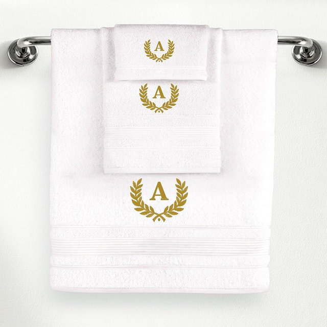 Ephesos Personalized Custom Monogrammed White Towel Set - 3 Piece, Soft & Absorbent 100% Cotton - Perfect for Gifts, Home, Bathroom, Spa, or Kitchen - Wheat Design with Letter 'A' in Gold Thread