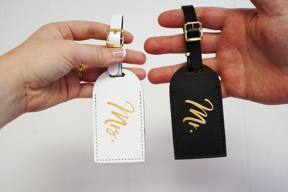 Wedding Gift Luggage Tags Mr and Mrs Couples Gift - Unique Just Married Honeymoon Travel Gifts for Couple, Bonded Leather Travel Gift