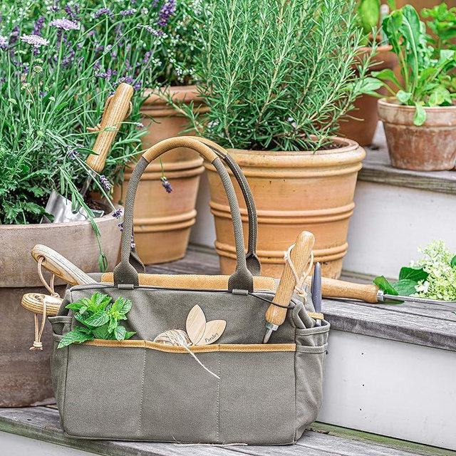 6 Piece Stainless Steel Heavy Duty Garden Tools Set, with Ash Wood Handle and Non-Slip Rubber Grip Pruner, Premium Canvas and Leather Storage Tote Bag, Outdoor Hand Tools, Garden Gift