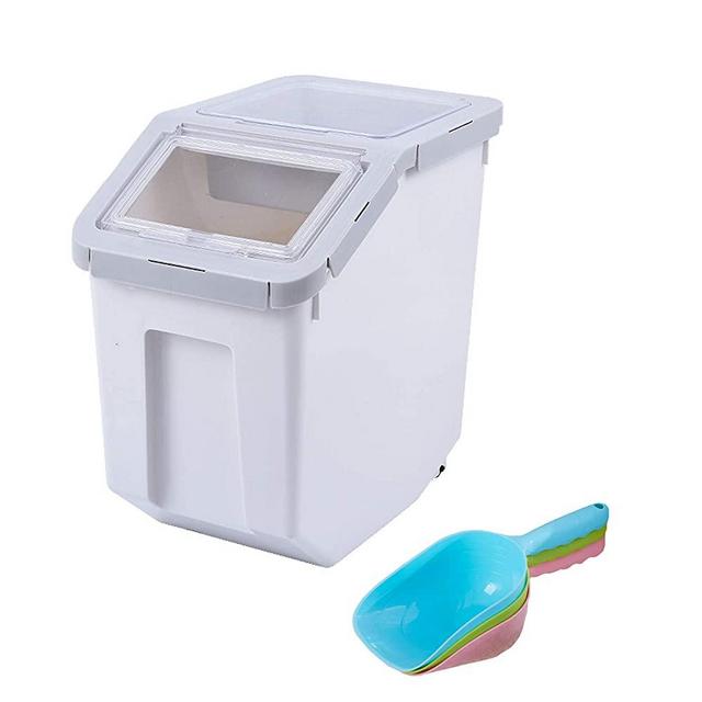 PENCK Rice Container Storage Pet Dog Cat Food Bin Airtight Plastic Food Dispenser Holder Cereal Grain Organizer Box with Locking Lid, Measuring Cup, Scoop & Wheels, 8-10kg Capacity, Grey, Large
