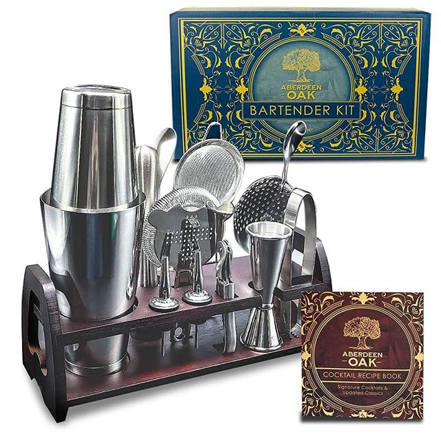 Aberdeen Oak Mixology Bartender Kit - Complete 14 Piece Cocktail Shaker Set and Bar Kit Bar Accessories for the Home Bar Set and Bar Tools Bar Cart Accessories, Bar Cocktail Shaker Set Bartender Tools