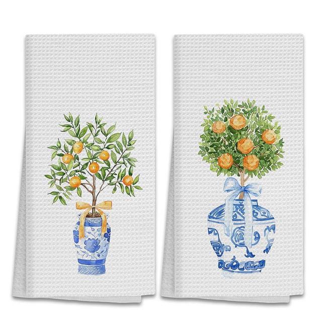 Hxlac Chinoiserie Decor Towels Set of 2, Blue and White Porcelain Dish Towels, Green Orange Tree Hand Towels for Kitchen Bathroom Decor, Blue and White Chinoiserie Dish Tea Towels Dishcloths(16x24in)