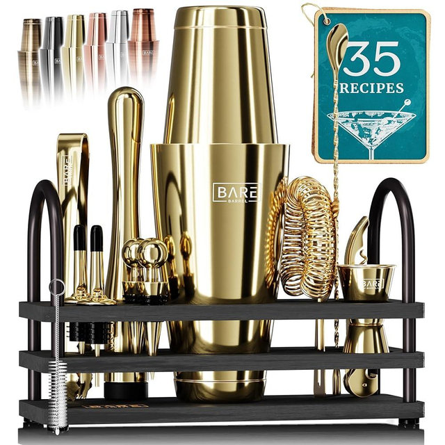BARE BARREL® Mixology Bartender Kit Bar Set | 14-Piece Cocktail Shaker Set | Martini Barware Mixing Tools for Home Bartending | 35 Recipe Cards | Gift Set (28oz Boston Shaker, Gold/Black)