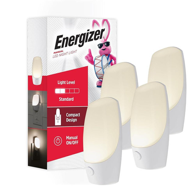 Energizer Manual On/Off LED Night Light Plug-in, Push Button, Compact, Contemporary, for Bedroom, Livingroom, Hallway, Bathroom, Nursery, Basement, White, 83661, 4 Pack