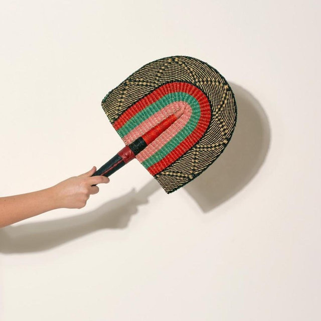 Bolga Woven Fan pink orange and aqua