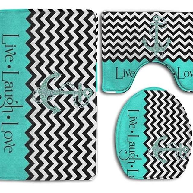Princekling Live Love Laugh in Turquoise Colorblock Chevron with Anchor 3-Piece Soft Bath Rug Set Includes Bathroom Mat Contour Rug Lid Toilet Cover Home Decorative Doormat