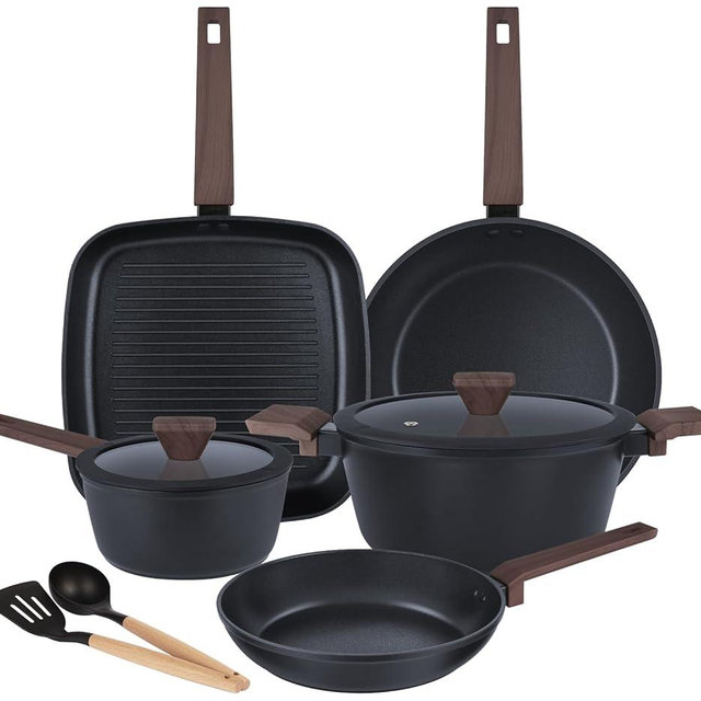 PRAMEDIA 9 Pcs Pots and Pans Set Nonstick,Induction Cookware Set Kitchen Cooking Sets,Non Stick with Grill Pan (PFOS, PFOA Free), Black