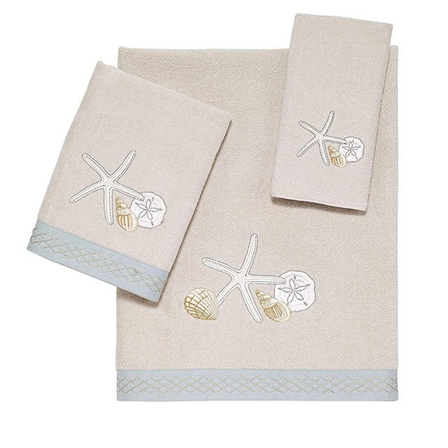 Avanti Linens Seaglass Collection, Embroidered 3 pc Towel Set, Beige