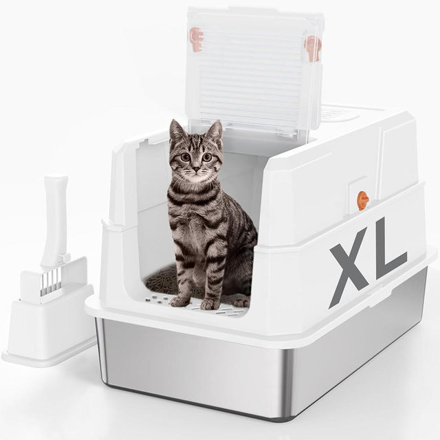 SZEE Stainless Steel Cat Litter Box with 180°Flip-Top Lid, Easy Clean XL Enclosed Litter Box, Large Covered Steel Cat Box with Scoop, Odor Control and Anti-Urine Leakage, 23.2 * 15 * 15 Inch, White