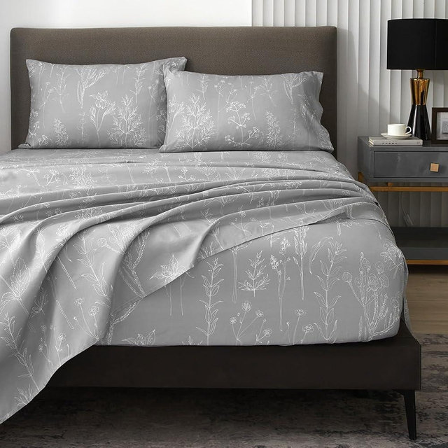 HYPREST Cal King Sheet Set, Deep Pocket California King Sheet Set Up to 18 inch, Grey Floral Botanical Pattern Sheet Luxury Rustic Soft Hotle Quality 1800 Threat Count