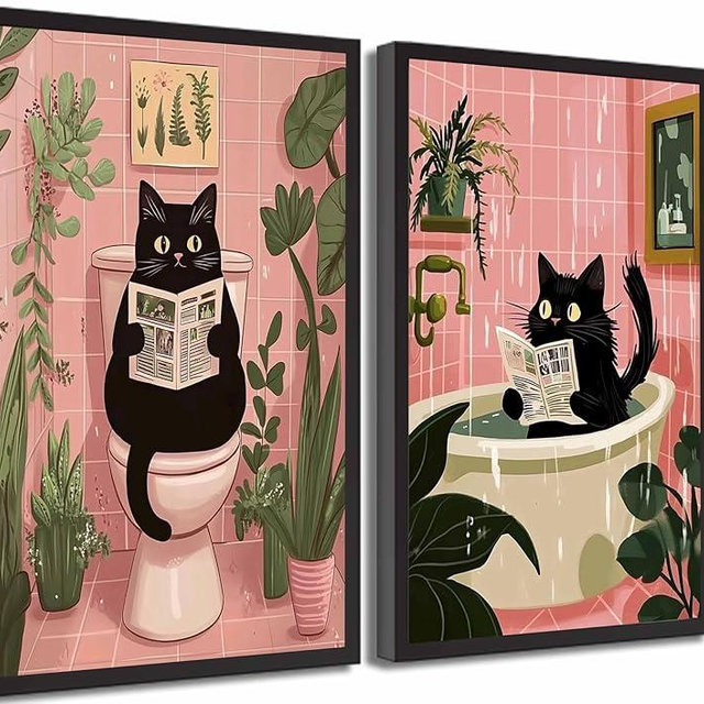 2 Pcs Funny Pink Bathroom Cat Canvas Wall Art Black Cat Sitting on Toilet Reading Newspaper Bathe Paintings Pictures Wall Decor Poster Print Artwork for Toilet Washroom Home Decoration Unframed(Poster, 16x24in)