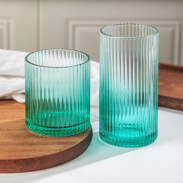 Lumkit Ribbed Drinking Glasses 8pcs, 12oz and 10oz Glassware, Tumbler Glasses Cup Set for Wedding, Party, Christmas Gift, Green
