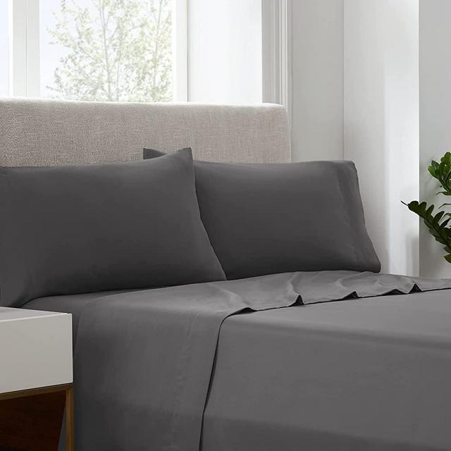 SERTA Simply Clean Soft Hypoallergenic Stain Resistant Deep Pocket 4 Pieces Solid Bed Sheet Set, Queen, Grey