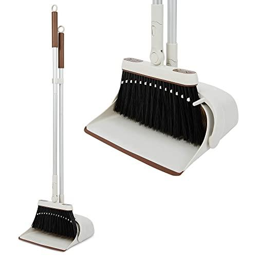 Jekayla Broom and Dustpan Set with Extendable Long Handle, Upright and Lightweight Cleaning Combo for Home Kitchen Room Office Lobby, Brown and Grey