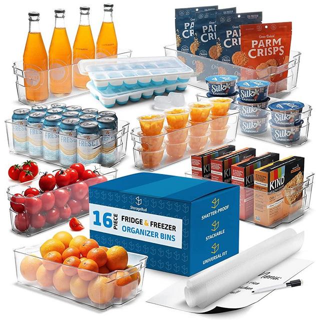 StorageBud Fridge Organizer - 16 Piece Refrigerator Organizer Bins - Stackable Freezer Organizer - Clear Refrigerator Organizer - Acrylic Fridge Bins